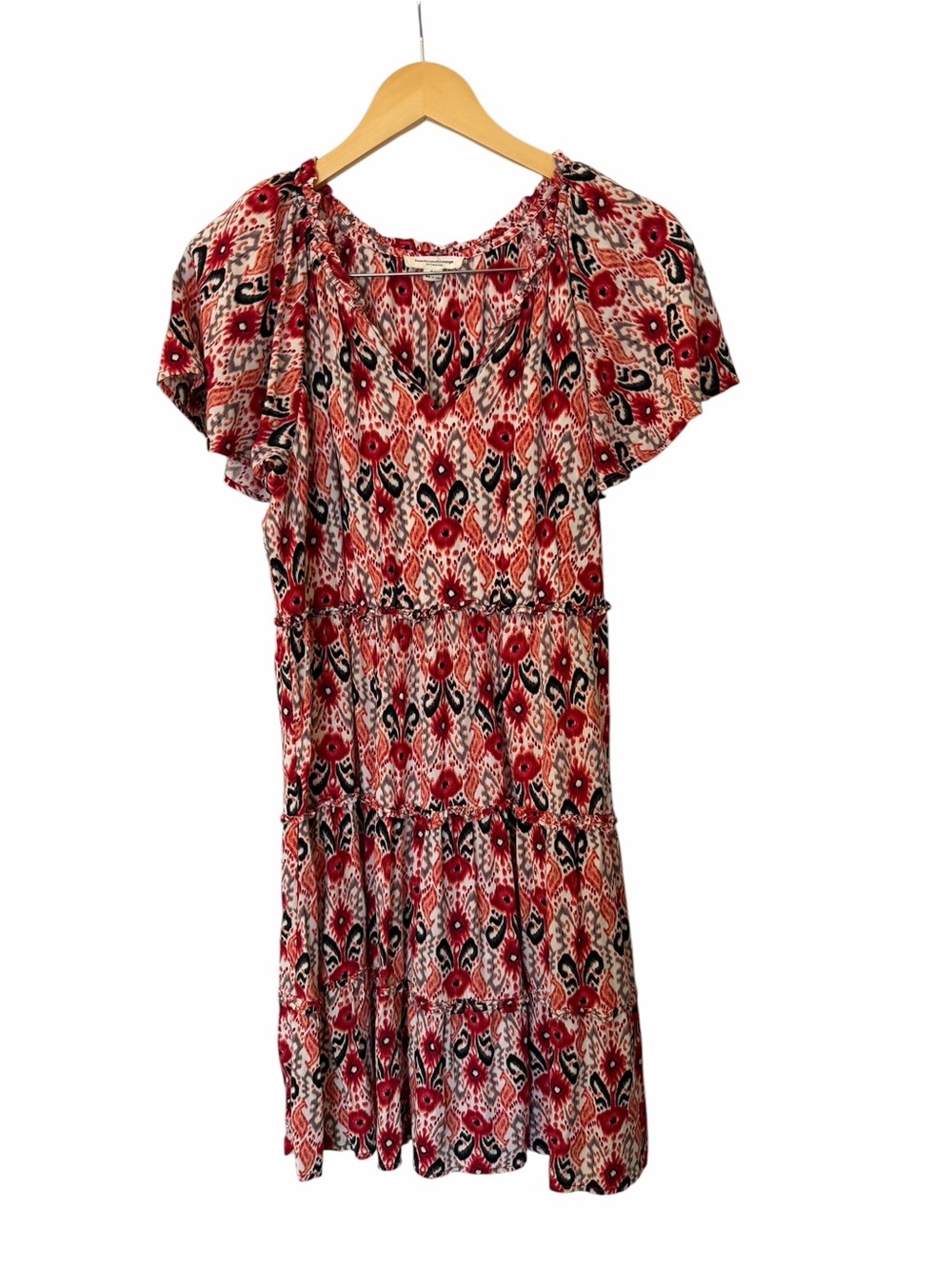 BeachLunchLounge Boho Tiered Mini Dress Red Ikat Floral Print Flutter Sleeve S/P